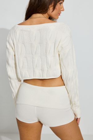 Cropped Cable Crewneck Sweater