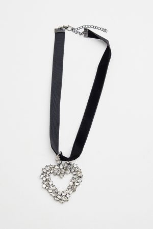 Oversized Gemmed Heart Ribbon Necklace