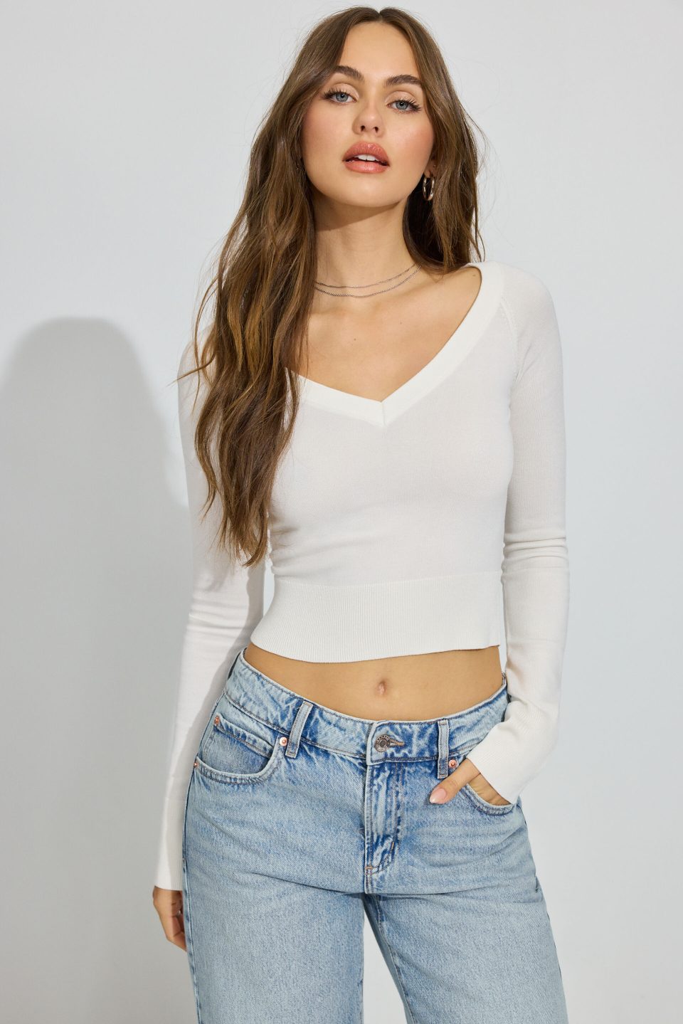 Wide V-Neck Long Sleeve Top