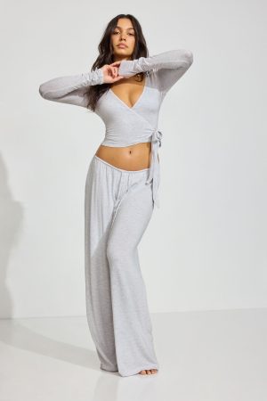 Sheer Ribbed Wrap Long Sleeve Top