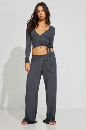 Sheer Ribbed Wrap Long Sleeve Top