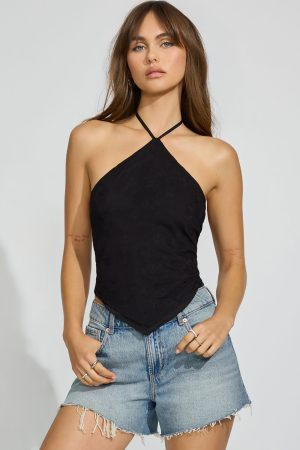 Y-Neck Embroidered Halter Top