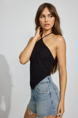 Y-Neck Embroidered Halter Top