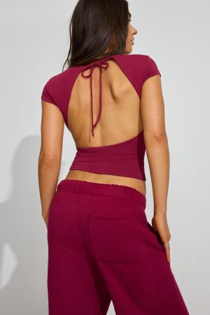 Crew Neck Open Back Short Sleeve Top